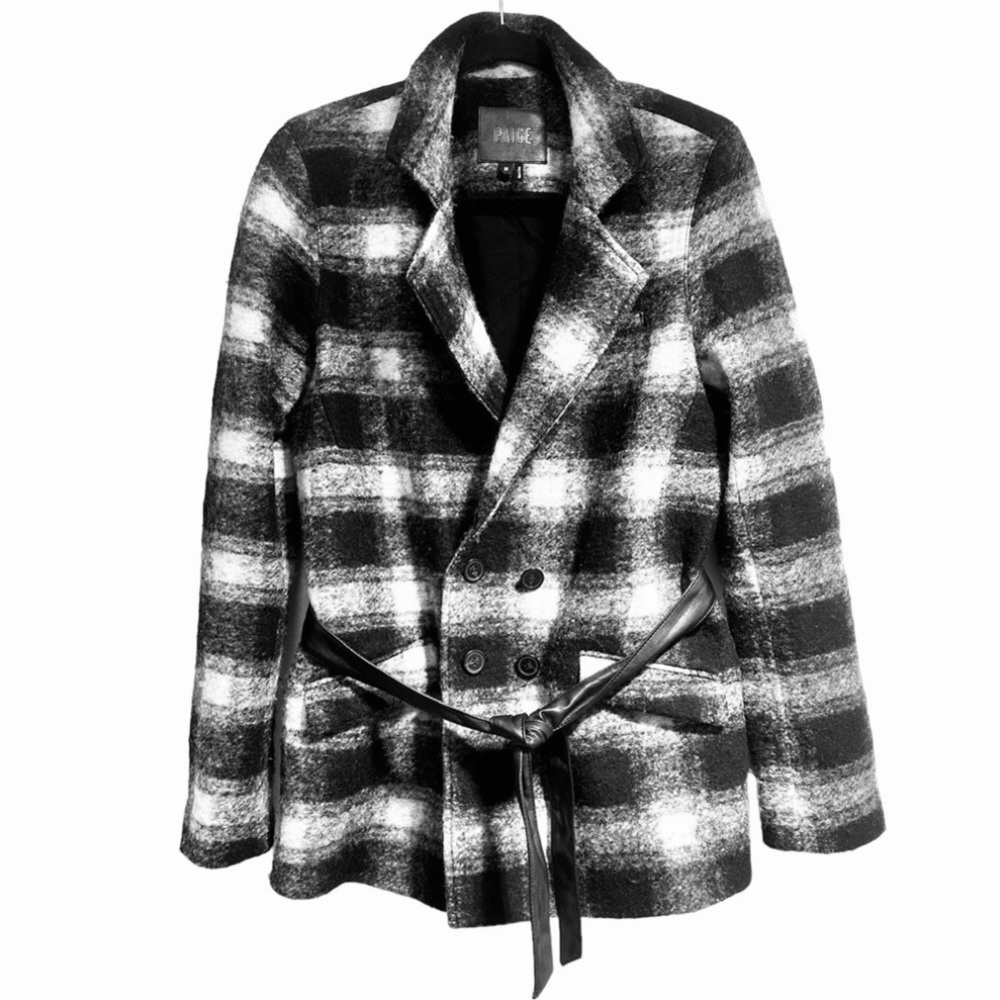 Paige virgin wool plaid double breasted jacket, vegan leather tie, size medium